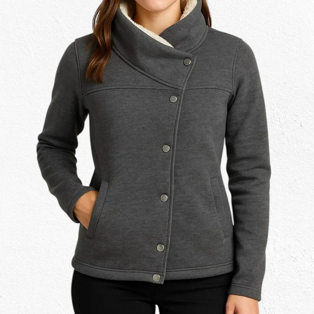 Columbia Gray Asymmetrical Snap Fleece Jacket Sherpa Lined Coat Size Medium